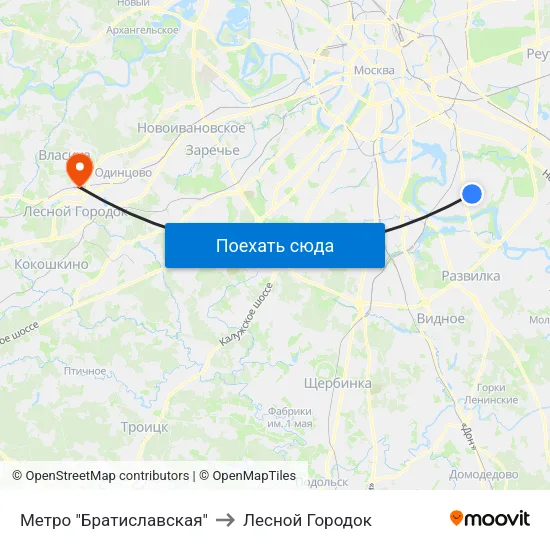 Метро "Братиславская" to Лесной Городок map
