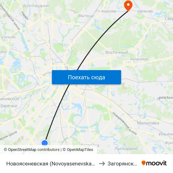 Новоясеневская (Novoyasenevskaya) to Загорянский map