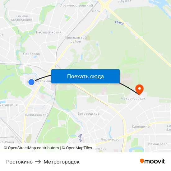 Ростокино to Метрогородок map