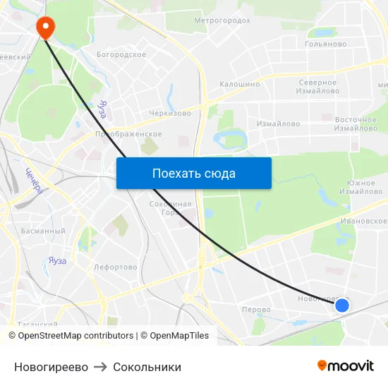 Новогиреево to Сокольники map