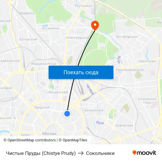 Чистые Пруды (Chistye Prudy) to Сокольники map