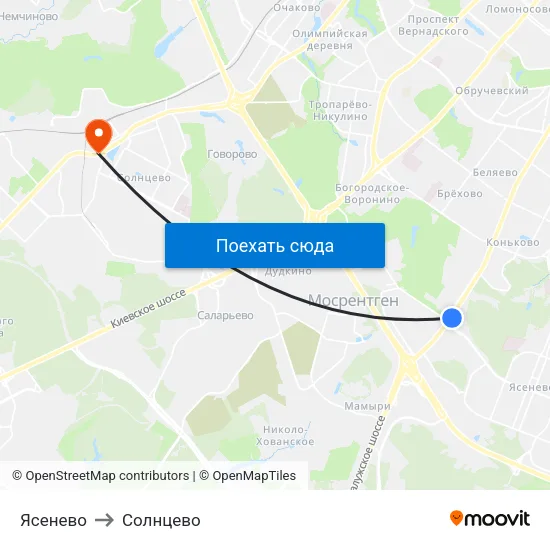 Ясенево to Солнцево map