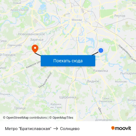 Метро "Братиславская" to Солнцево map
