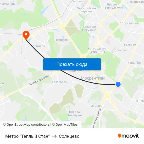 Метро "Теплый Стан" to Солнцево map