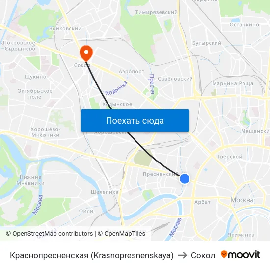 Краснопресненская (Krasnopresnenskaya) to Сокол map
