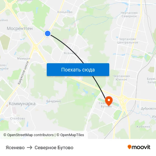 Ясенево to Северное Бутово map