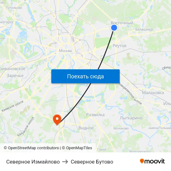 Северное Измайлово to Северное Бутово map