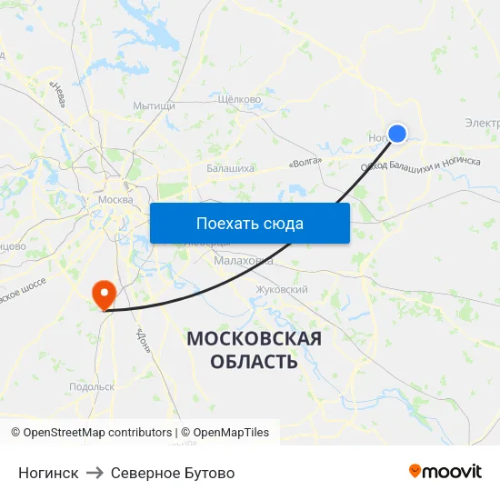 Ногинск to Северное Бутово map