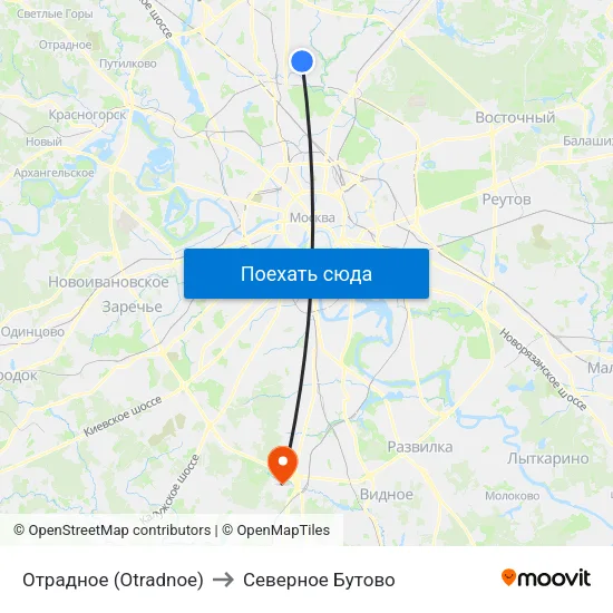 Отрадное (Otradnoe) to Северное Бутово map