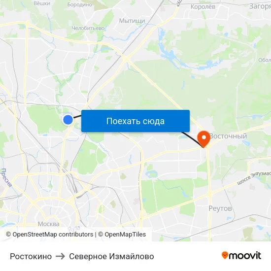 Ростокино to Северное Измайлово map