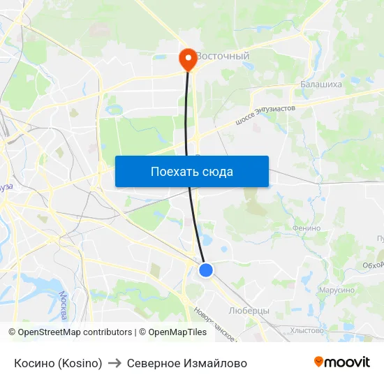 Косино (Kosino) to Северное Измайлово map