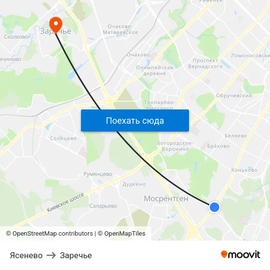 Ясенево to Заречье map