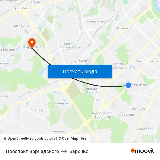 Проспект Вернадского to Заречье map
