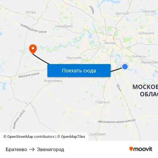 Братеево to Звенигород map