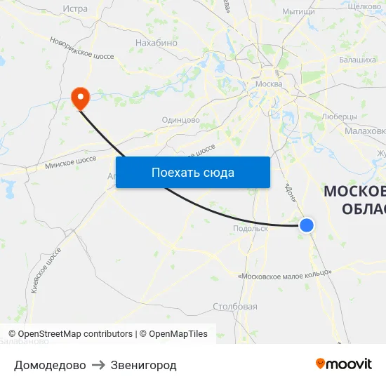 Домодедово to Звенигород map