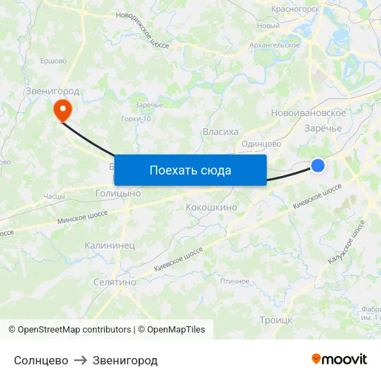 Солнцево to Звенигород map
