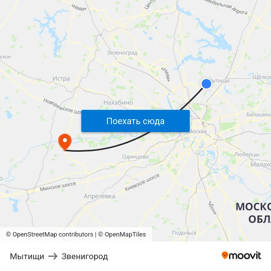 Мытищи to Звенигород map
