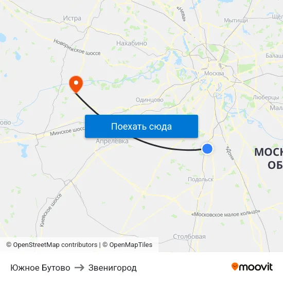 Южное Бутово to Звенигород map