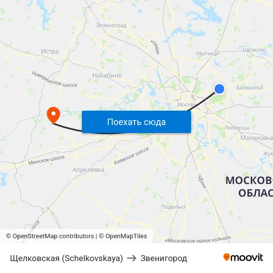 Щелковская (Schelkovskaya) to Звенигород map