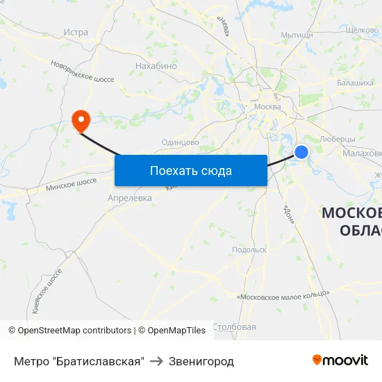 Метро "Братиславская" to Звенигород map