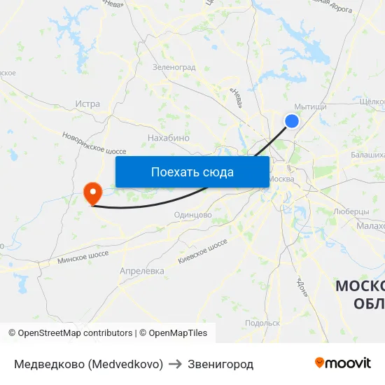 Медведково (Medvedkovo) to Звенигород map
