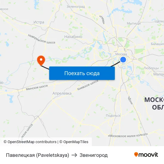 Павелецкая (Paveletskaya) to Звенигород map