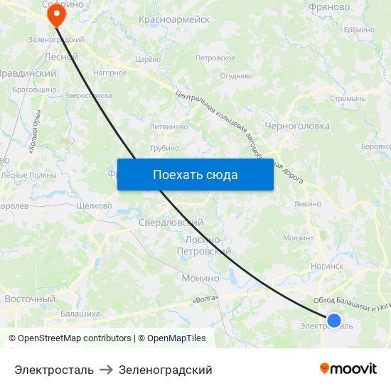 Электросталь to Зеленоградский map