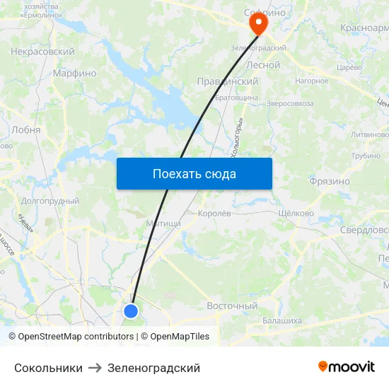 Сокольники to Зеленоградский map