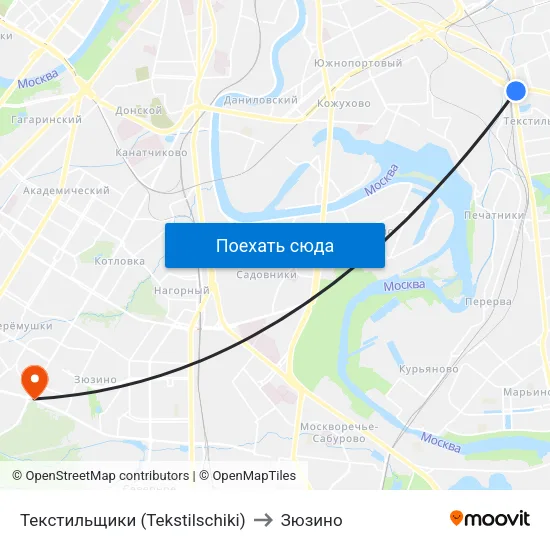 Текстильщики (Tekstilschiki) to Зюзино map