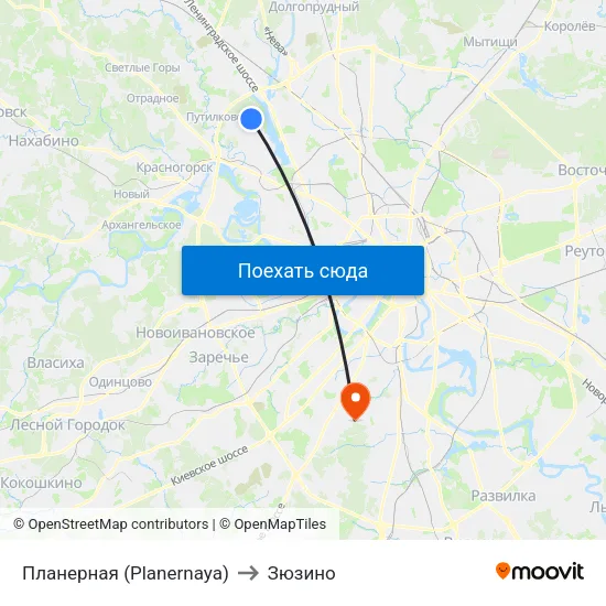 Планерная (Planernaya) to Зюзино map