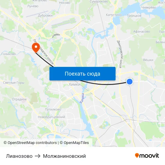 Лианозово to Молжаниновский map