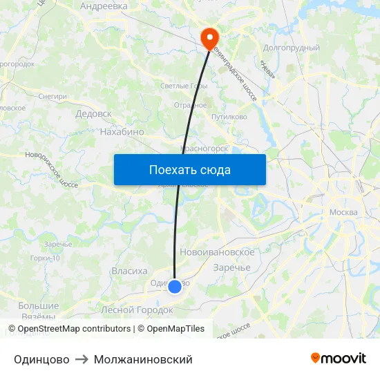 Одинцово to Молжаниновский map