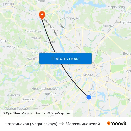 Нагатинская (Nagatinskaya) to Молжаниновский map