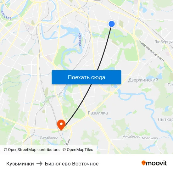 Кузьминки to Бирюлёво Восточное map