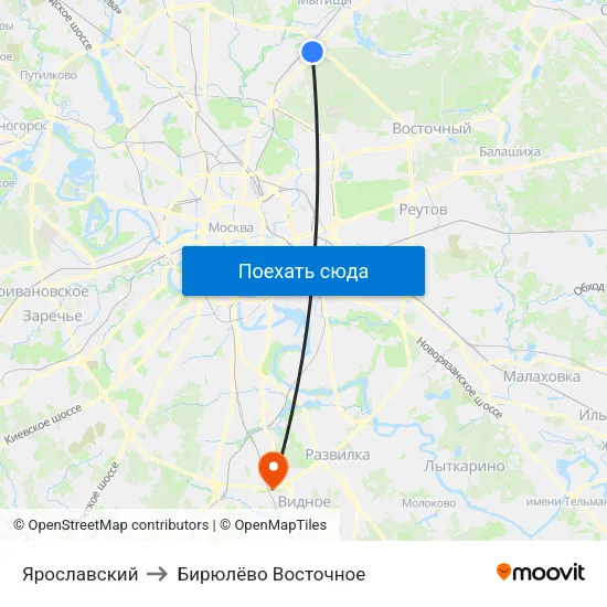 Ярославский to Бирюлёво Восточное map