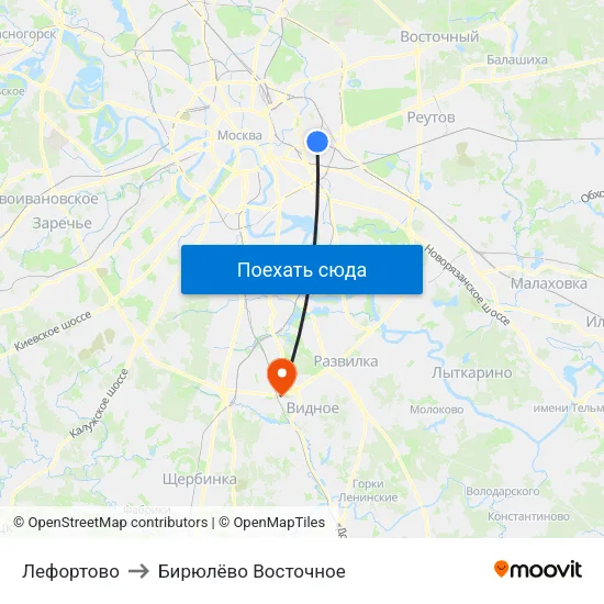 Лефортово to Бирюлёво Восточное map