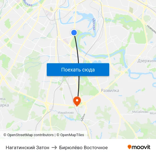 Нагатинский Затон to Бирюлёво Восточное map