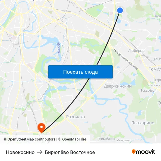Новокосино to Бирюлёво Восточное map