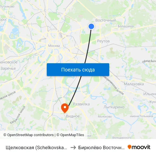 Щелковская (Schelkovskaya) to Бирюлёво Восточное map