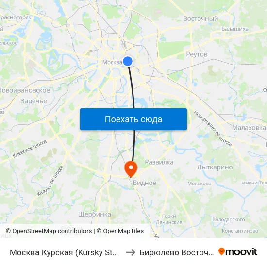 Москва Курская (Kursky Station) to Бирюлёво Восточное map