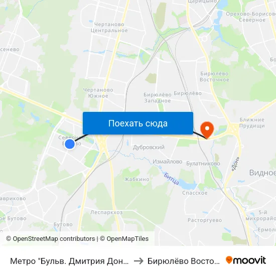 Метро "Бульв. Дмитрия Донского" to Бирюлёво Восточное map