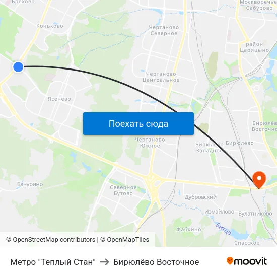 Метро "Теплый Стан" to Бирюлёво Восточное map
