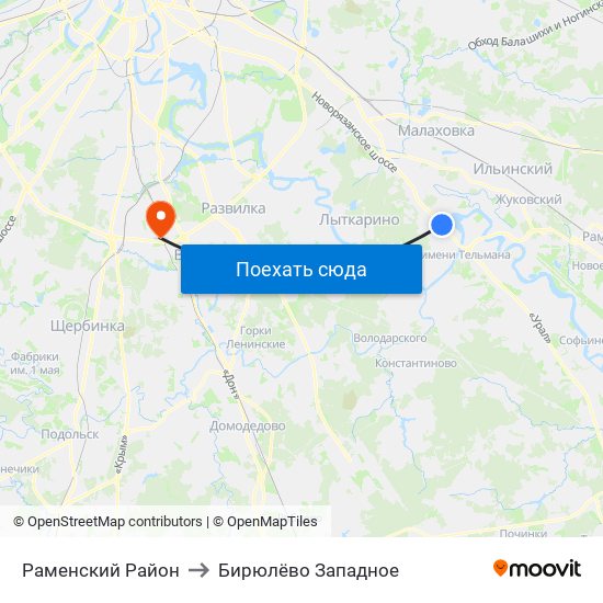 Раменский Район to Бирюлёво Западное map