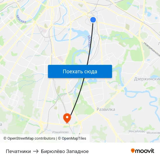 Печатники to Бирюлёво Западное map