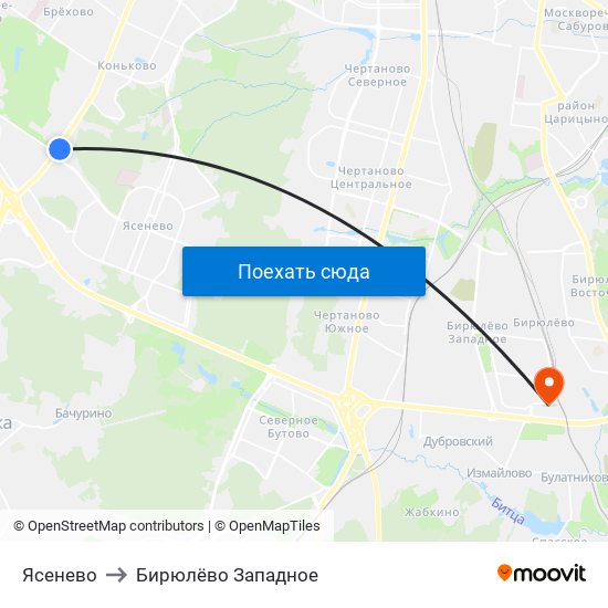 Ясенево to Бирюлёво Западное map