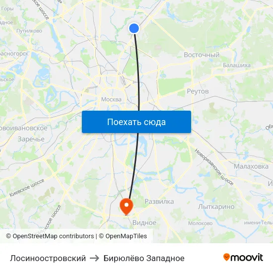 Лосиноостровский to Бирюлёво Западное map