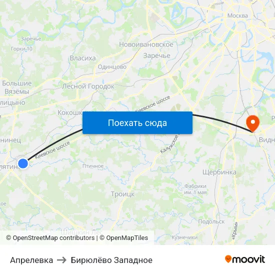 Апрелевка to Бирюлёво Западное map