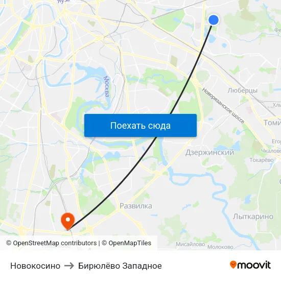 Новокосино to Бирюлёво Западное map