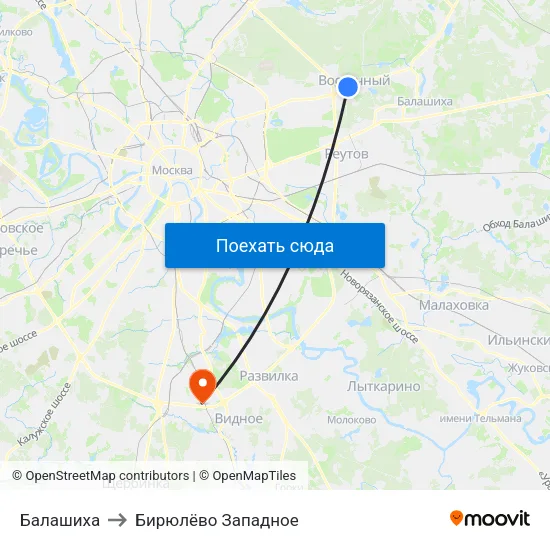 Балашиха to Бирюлёво Западное map