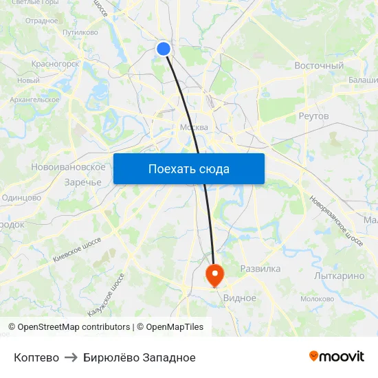 Коптево to Бирюлёво Западное map